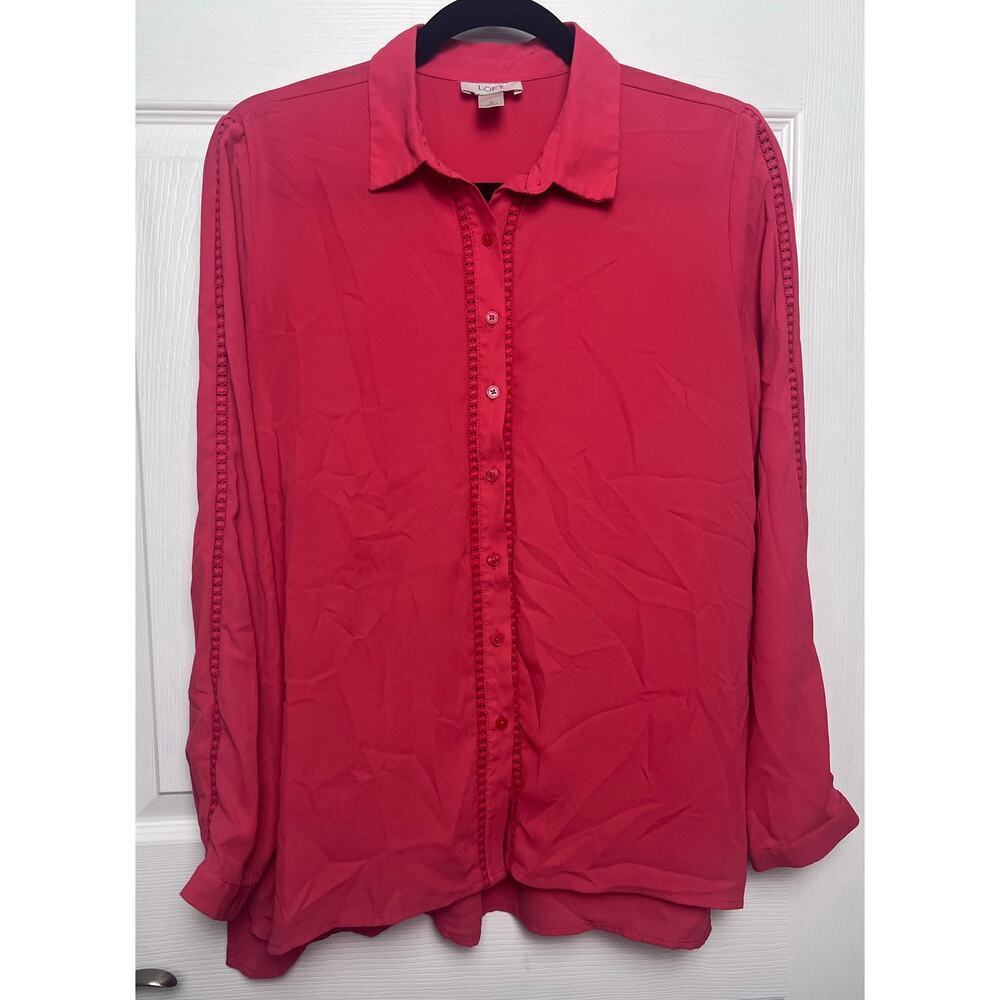 LOFT Women's Top Long Sleeve Pink Button Up Blouse Eyelet Detail Size Medium